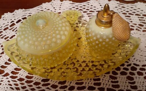 FENTON CANARY YELLOW OPALESCENT HOBNAIL VANITY SET~RARE~SALE