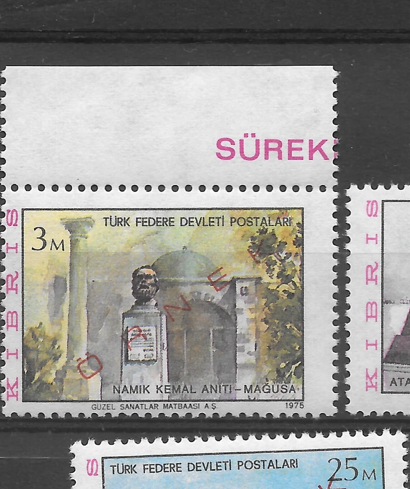 Turquía N Chipre 1975 Espécimen Definitivo (ORNEK) y 3m ERROR Cambio de Perforación Foto 2 de 2