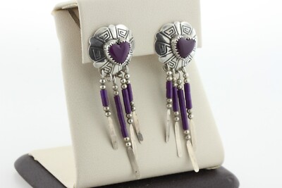 Tony Kyasyousie Sterling Silver 925 Swirl Sugilite Heart Fringe Dangle Earrings
