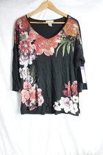 Rebecca Malone Blouse Floral Top  Womens L Multicolor 3/4 Sleeve Colorful NWT