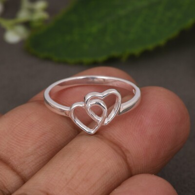 Double Connected 925 Sterling Silver Heart Entwined Ring Love Gift For Her