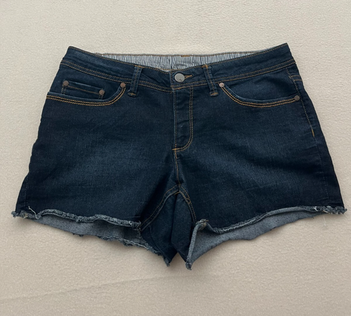 Faded Glory abgeschnittene Damenshorts Größe 10 blau mittelhoher Bund Stretch dunkle Waschung Denim