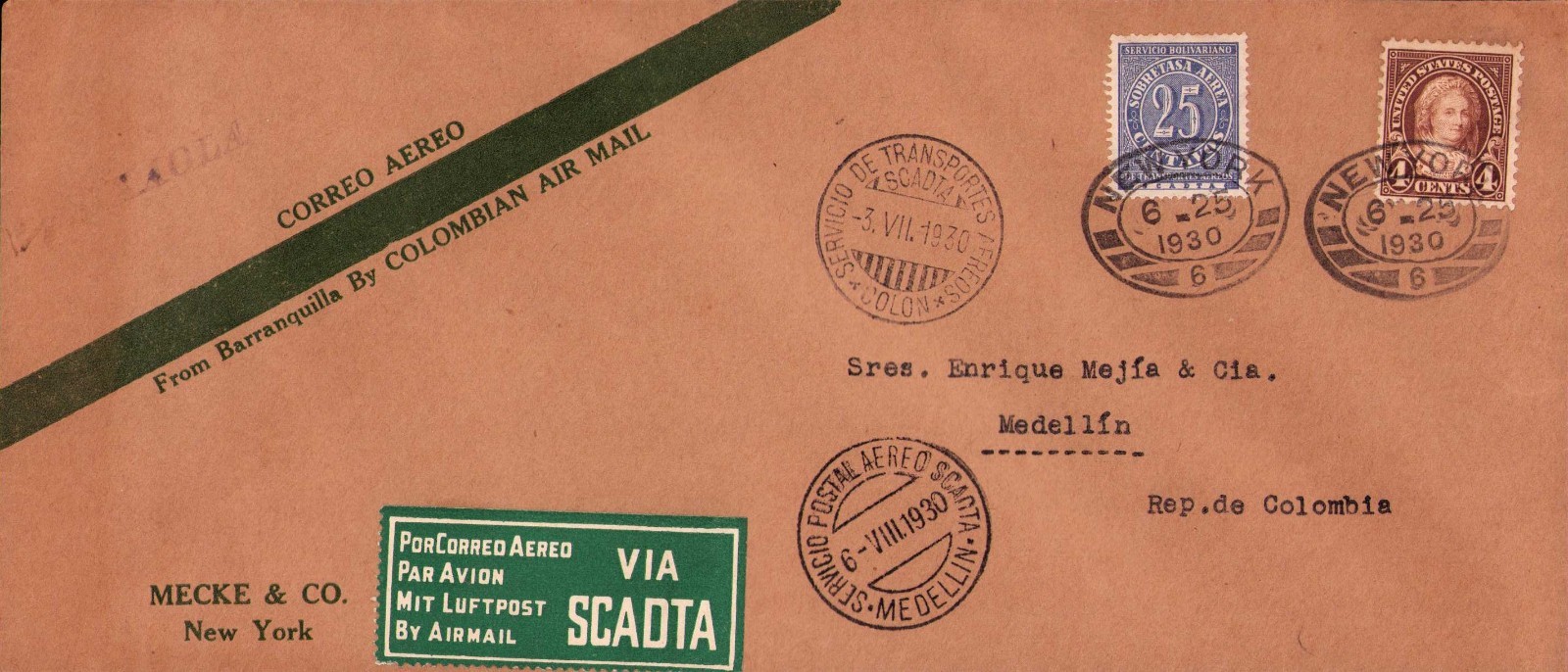 USA - PANAMA - COLOMBIA - 25c SCADTA COVER - NEW YORK to MEDELLIN via COLON 1930