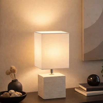 Tisch Lampe Keramik Würfel Leuchte Wohn Zimmer E14 Lese Beleuchtung Textil weiß - Bild 1 von 4