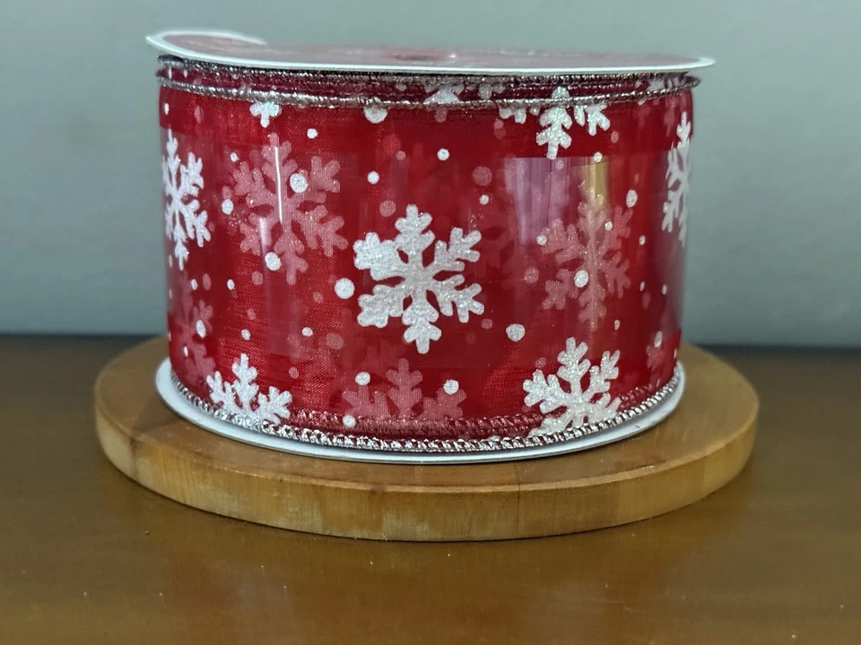 VTG Celebrate It Wired Christmas Ribbon Glitter Red & White  Snowflake w/ Silver - Image 3 of 4