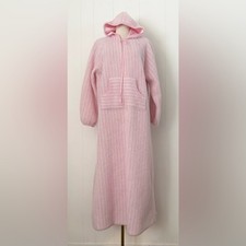 Vintage 60s Borg Pink Hooded Teddy Fleece Plush Zip Front House Coat Robe Large