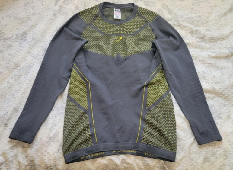 Gymshark Onyx V4 Mens Medium Long Sleeve Compression T Shirt Gray/Green Size M
