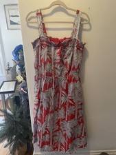 Talbots Dress Women's 12 Red Blue Palm Trees Sleeveless Midi Sundress Lined
