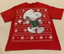 Peanuts Snoopy T Shirt Size XL Christmas Red Santa Hat Short Sleeve Snowflakes