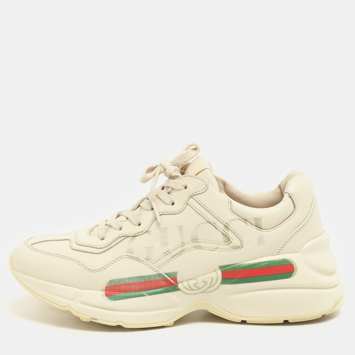 Gucci Off-White Leather Rhyton Logo Low Top Sneakers Size 38