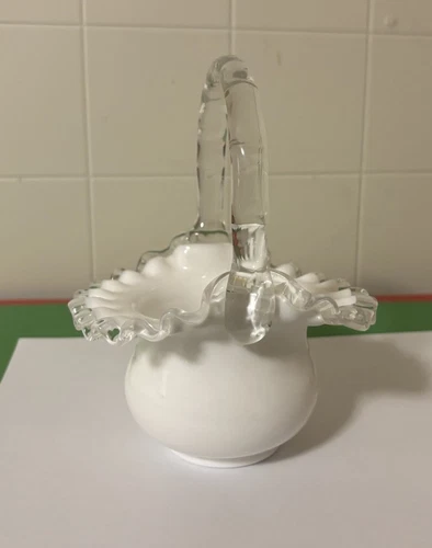 White silver Crest FENTON 6.5” Tall Ruffled Edge Glass Basket w/Label
