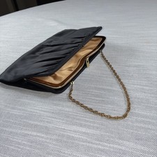 VTG Black Satin Evening Clutch Purse Gold Metal Frame Chain Handle 1950s 1960s