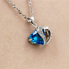 Crystal Double Heart Pendant Necklace  Blue Rhinestone Love Jewelry Gift