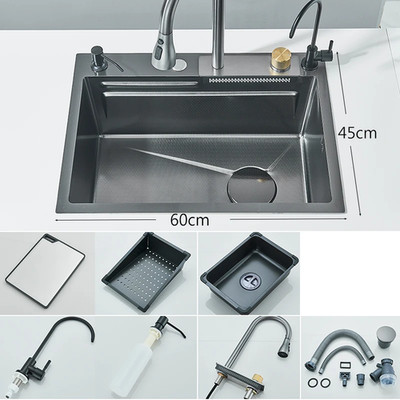60x45cm 304 Stainless Steel Kitchen Sink with Waterfall, Faucet and Dispenser