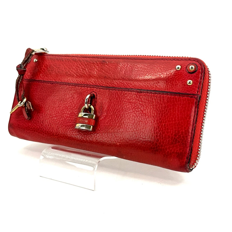 Cartera larga de cuero Chloe Paddington con cremallera alrededor rosa roja inglesa #A398 Foto 3 de 4