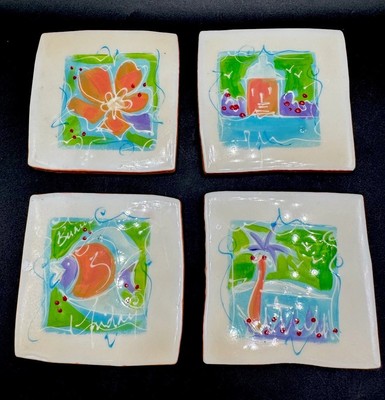 Italian Ceramic Tile Coasters Tropical Beach Hand Painted 4  Pastel 4pc Set