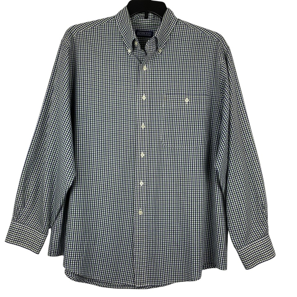 Lands' End Shirt Mens L 16 16.5 Blue Green Gingham Classic Preppy Long ...