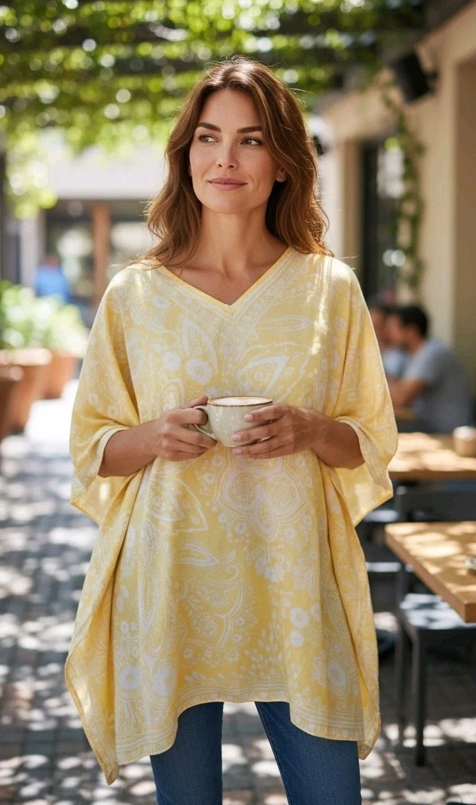 NWT Yellow Chico’s Kimono Poncho Top Women's 100% Silk Paisley OS Retail $78