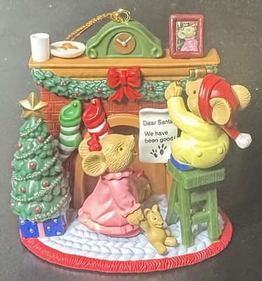 Two Mice at Fireplace Hanging Christmas Stockings Image Creation Ornament