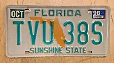 1998 FLORIDA PASSENGER MAP LICENSE PLATE " TVU 38 S " FL 98