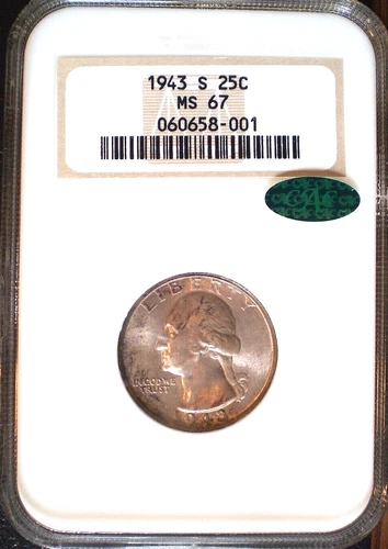 1943 S 25C Washington Quarter NGC MS67 Superb Gem CAC Lt Rainbow Tone Old Holder