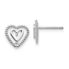 Polished and Textured Double Heart Post Earrings in Real 14k White Gold