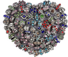 60 Pieces Assorted European Beads with Plating Silver Metal Alloy Rhinestone Lar