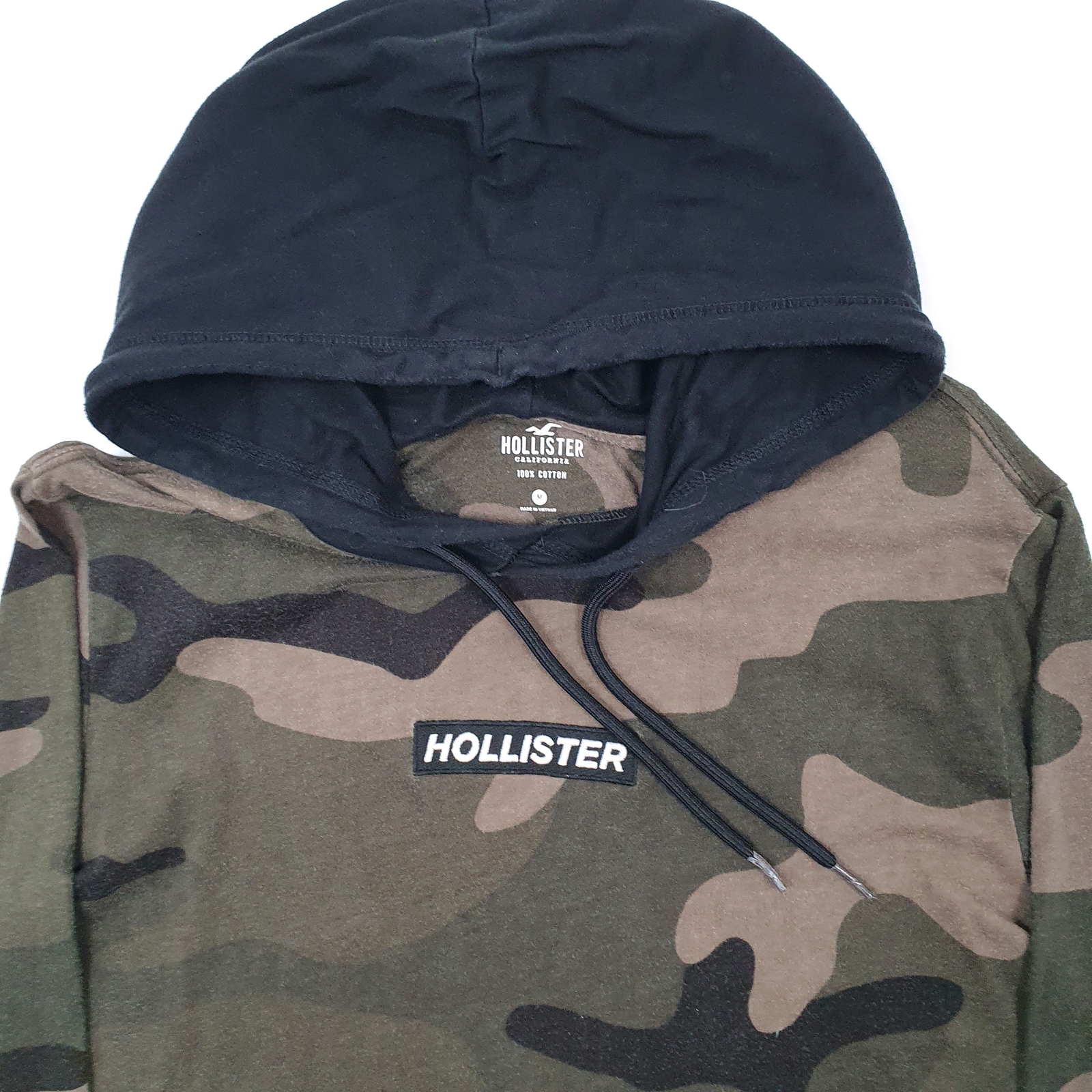 HOLLISTER Black T Shirt Tee Camo Lightweight Hoodie Jumper Long Sleeve M image 3