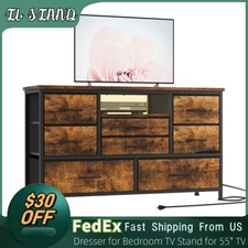 TV Stand with LED Light Dresser for Bedroom Wood Top Fabric Chest of 8 Drawers