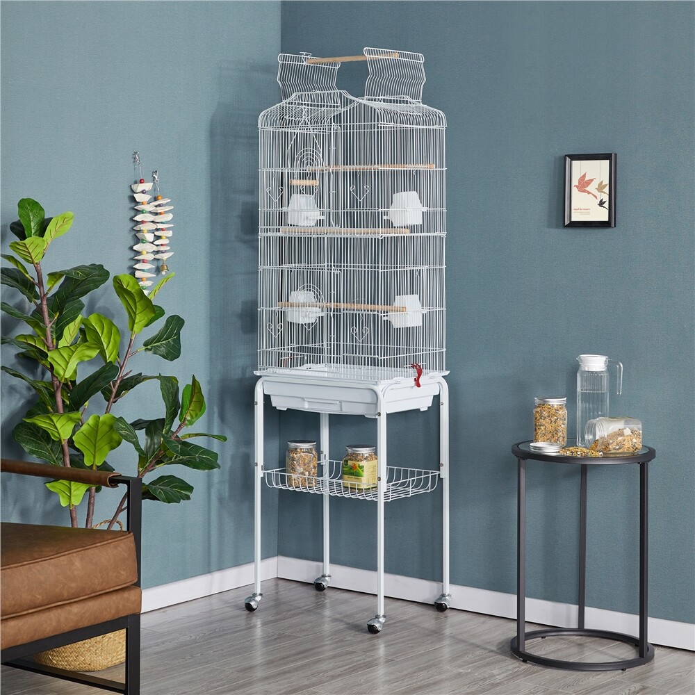 Large Bird Cage w/Rolling Stand Open Top Metal Parrot Cage Budgie Aviary Home