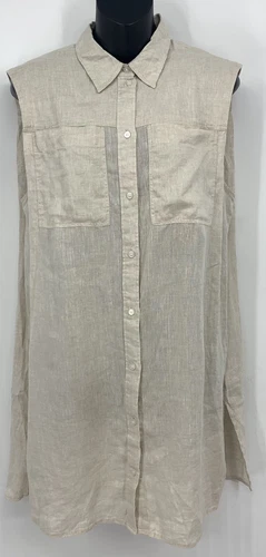 H&M Linen Dress Size Small Tan Shirtdress Shift Collar Sleeveless Pocket New B12