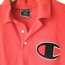 Champion Life Mens Small Pique Polo Chenille C Big Logo Red Short Sleeve Shirt