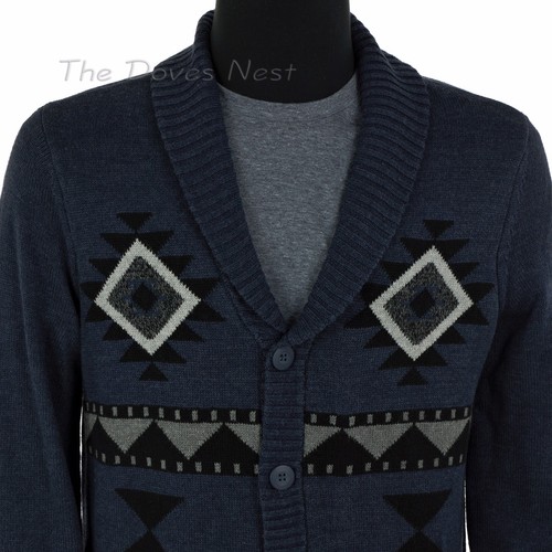 URBAN PIPELINE Young Men's MEDIUM Shawl Collar NAVY AZTEC Print Cardigan SWEATER - Picture 3 of 11