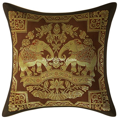Handmade Brocade Elephant Cushion Cover – Boho Brown 16x16 Pillow Case With Zipper, Jacquard Weave