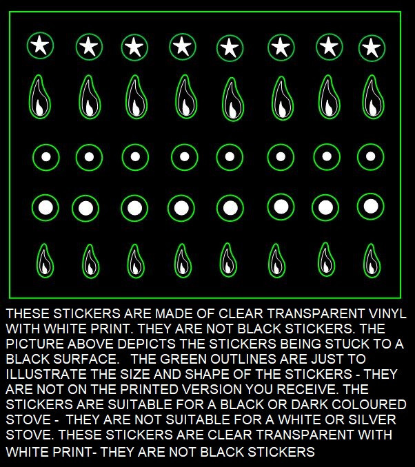 Tiny hob gas flame stickers for hob stove & knobs WHITE PRINT FOR BLACK STOVE