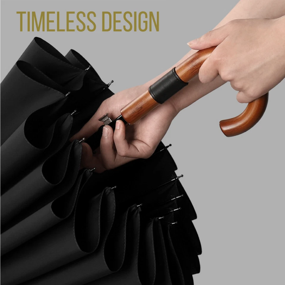 Wood Handle Umbrella Solid Curved 16 Spokes Windproof Large Automatic Cedar® - Image 3 of 4