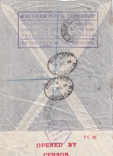 Palestine to USA Jerusalem Postal Censorship Handstamp on Reverse - 第 2/2 張圖片
