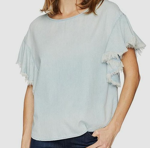 $395 AG Adriano Goldschmied Women's Blue Shannon Denim Ruffle Shirt Top Size M