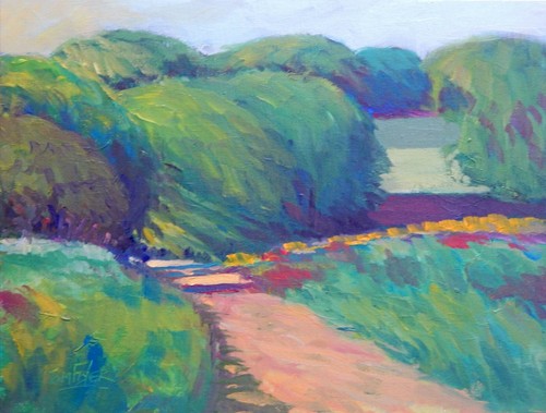 Pintura al óleo árbol original paisaje impresionista pastizales tierras de cultivo granja camino - Imagen 1 de 4