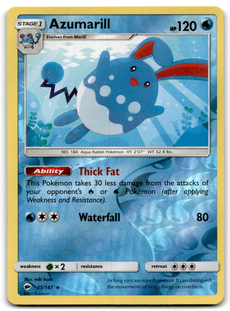 2017 Sun & Moon Burning Shadows Pokemon Trading Card #35 Azumarill Reverse Holo