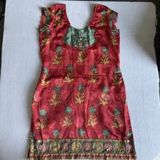 Red floral mini dress with green trim and pockets size s floral summerdress