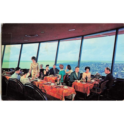 Seattle WA Space Needle Restaurant Interior Chrome Postcard 1960s Plastichrome U