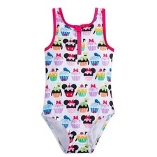 Disney Girls Mickey Minnie Cupcake One Piece Swimsuit Pink White Zip Front 7/8