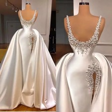 Elegant Mermaid Wedding Dress Spaghetti Straps Sleeveless Pearls Split Side