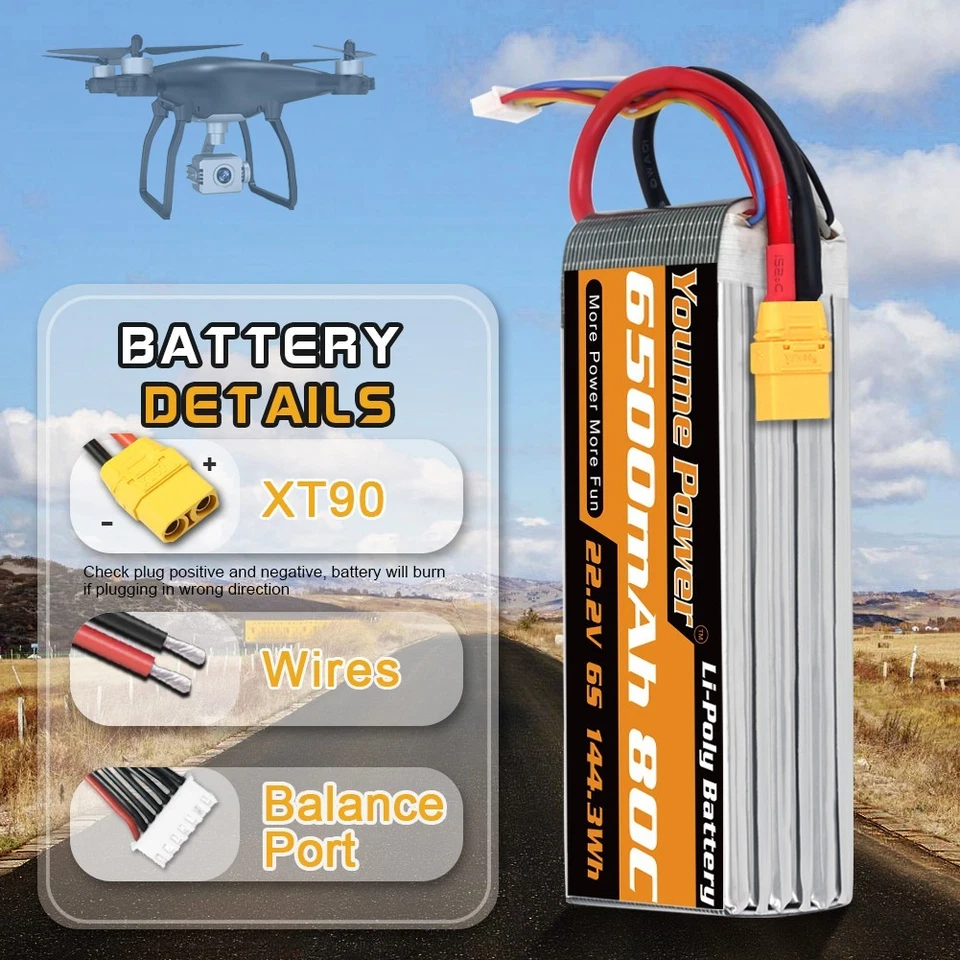 Youme 22,2V 6500mAh 6S Lipo Akku XT90 für RC Hubschrauber Drohne Auto Boot Losi - Bild 3 von 4