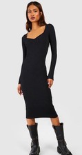 Boohoo Black Midi Dress Size 16 Long Sleeved Bodycon Ribbed Jersey Sweetheart 