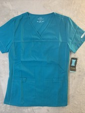 Cherokee Flexibles New Women Top Small Teal Blue 2 Pockets