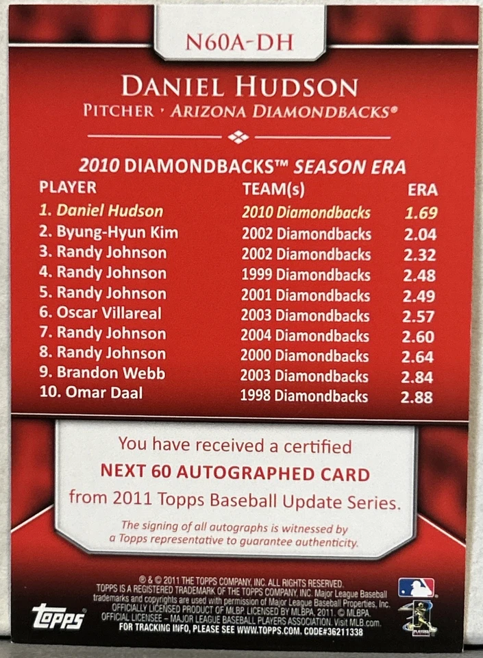2011 Topps Daniel Hudson Topps Next 60 Certified Autograph N60A-DH - Image 2 of 2