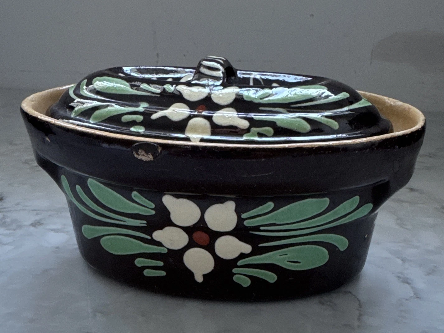 Vtg Dutch Oven Brown Alsace Pottery Size 00 Long Hand-Painted