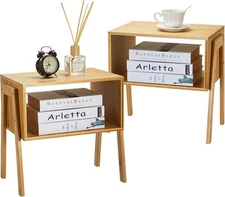 Pipishell Bamboo Stackable End Tables, Wood Living Room Nightstand, Natural 